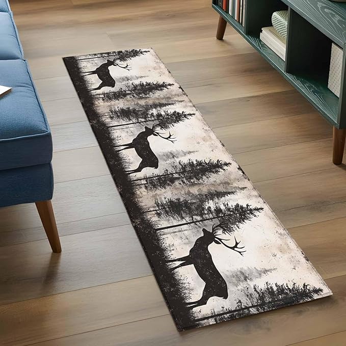 Elk Runner Rug 2'x6', Deer Silhouette Hallway Runner Rugs Washable Non-Slip Bedside Floor Mats Carpet for Kitchen Bedroom Laundry Room Bathroom