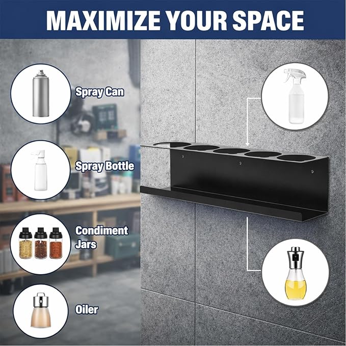 4 Pack Wall-Mounted Spray Bottle Holder, Heavy-Duty Steel Black Aerosol Can Storage Rack with 20 Holes, Spray Paint Can Organizer for Garage, Shop, Home, Tool Trailer & Service Truck