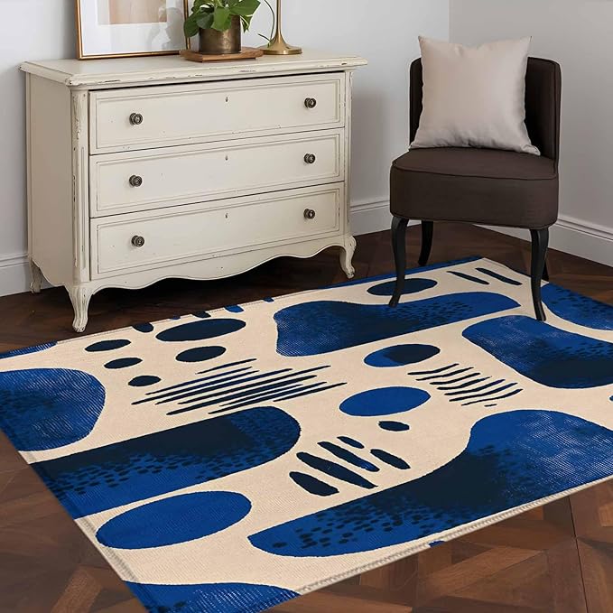 Modernism 3'x5' Area Rugs, Blue Black Geometric Abstract Style Washable Area Rugs Non-Slip Indoor Floor Mats Carpet for Living Room Bedroom Dining Room
