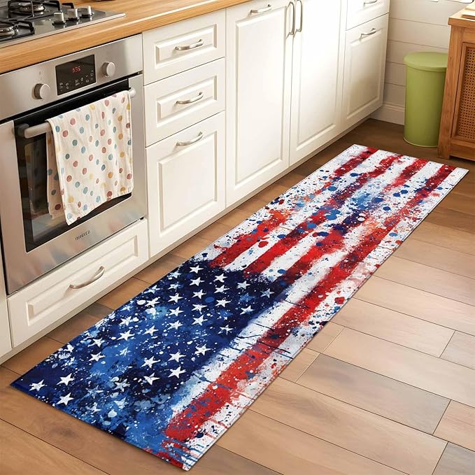 Mottled Red Blue White Stars Painted Flag Runner Rug 2'x6', Hallway Runner Rugs Washable Non-Slip Bedside Floor Mats Carpet for Kitchen Bedroom Laundry Room Bathroom