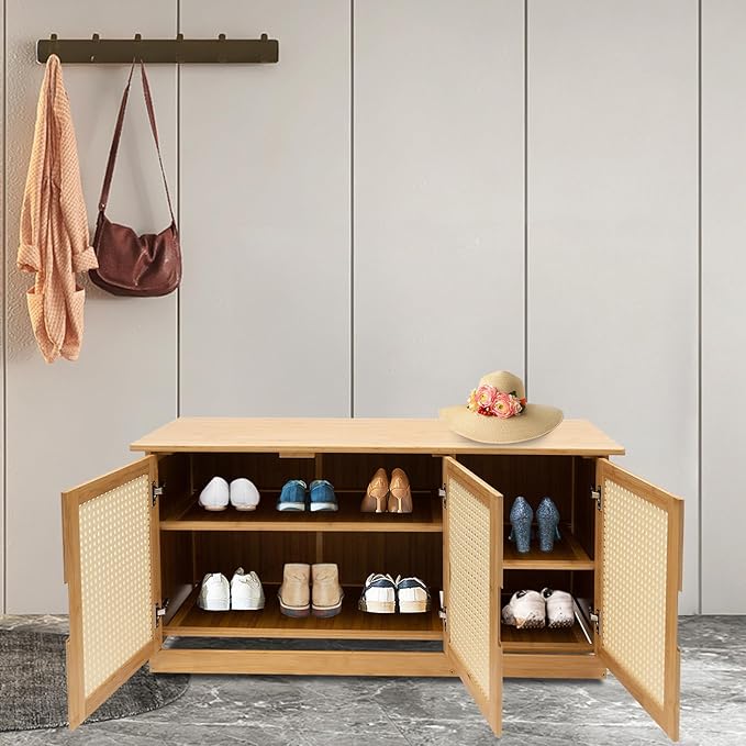 Shoe Storage Bench,Rattan Shoe Bench,Shoe Storage Bench Organizer,Entryway Shoe Bench with Plastic Rattan Doors,Shoe Rack Organizer Adjtable Shelves,Shoe Rack Organizer Space,for Bedroom
