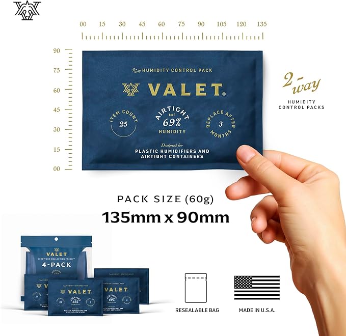 Valet 69% Two-Way Humidity Packs 4-Pack (60g), Two-Way Humidity Control Packs for Airtight & Plastic Containers, Moisture Absorber, Made in USA