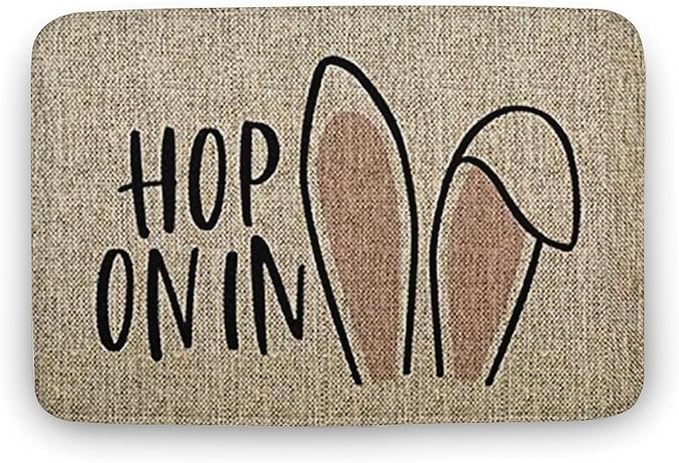 Happy Easter Hop On in Easter Cute Bunny Ears Door Mat Soft Low Profile Welcome Mats Non-Slip Dust Floor Rug for Kitchen Bedroom Bath Room Front Hall Lawn 20x32 Inch