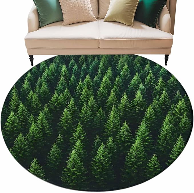 Green Forest Round Rug 6 Ft, Pine Trees Forest Landscape Style Summer Circle Area Rugs Washable Non Slip Indoor Floor Mats Carpet for Living Room Bedroom Dining Room Home Decor