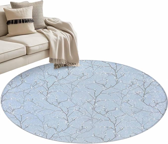 Blue Tree Branch Round Rug 3.3 Ft, Retro Classic Art Blue Tree Branches Flower Samll Area Rugs Washable Non Slip Indoor Floor Mats Circle Carpet for Living Room Bedroom Dining Room Home