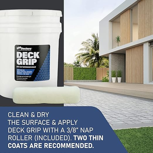 Deck Grip Non-Slip Sealer (5 Gallon) Clear Barefoot-Friendly Anti-Slip Coating - Create Traction for Outdoor or Indoor Floors and Pool Decks