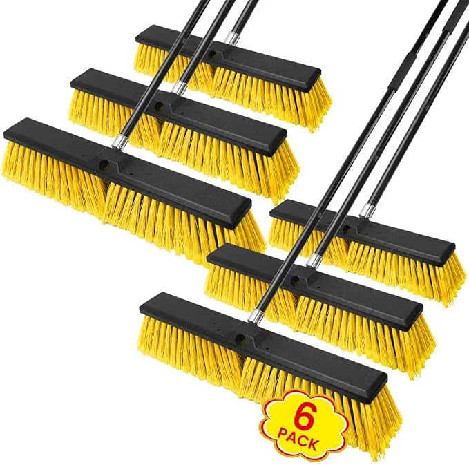 18 Inches Push Broom Outdoor，Commercial Broom Brush，Stiff Bristle Brush with 61.8 inches Long Handle for Patio Garage Deck Street Shop Warehouse Lawn Driveway -6 Pack