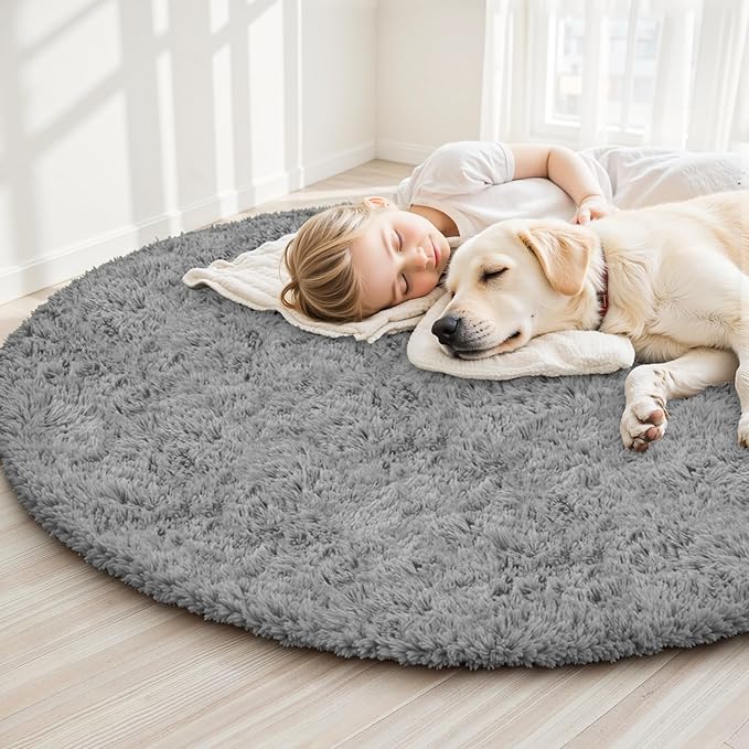 Light Gray ack Round Fluffy Rug 5ft Plush Fuzzy Shaggy Carpet,Soft Rugs for Living Room for Nursery,Preppy Dorm,Classroom,Playroom,Teen,Baby Home Decor (Light Gray 5"x5")
