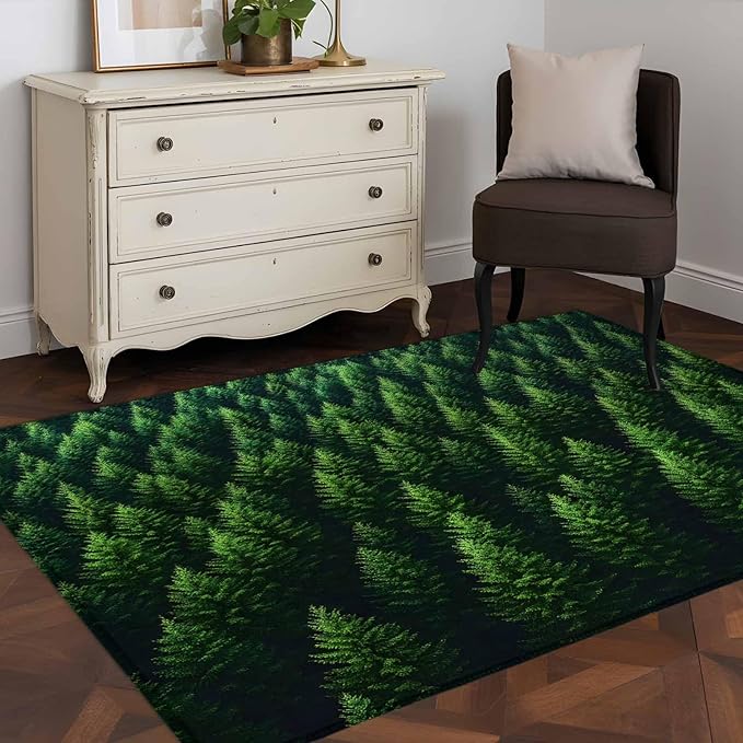 Green Forest 3'x5' Area Rugs, Pine Trees Forest Landscape Style Summer Washable Area Rugs Non-Slip Indoor Floor Mats Carpet for Living Room Bedroom Dining Room