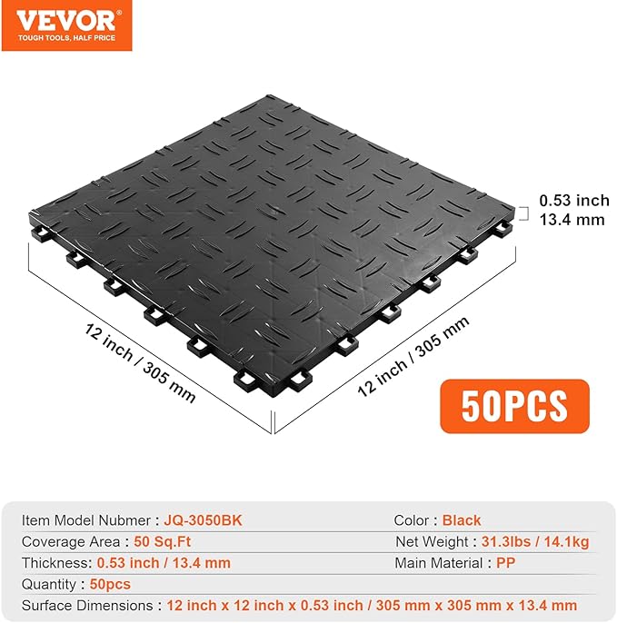 VEVOR Garage Floor Tiles 12 x 12 x 0.53 inch, Interlocking Design Ease of Installation Double-Sided Texture Non-Slip Sturdiness, for Garages, Basements, Repair Shops, Black, 50 Pack