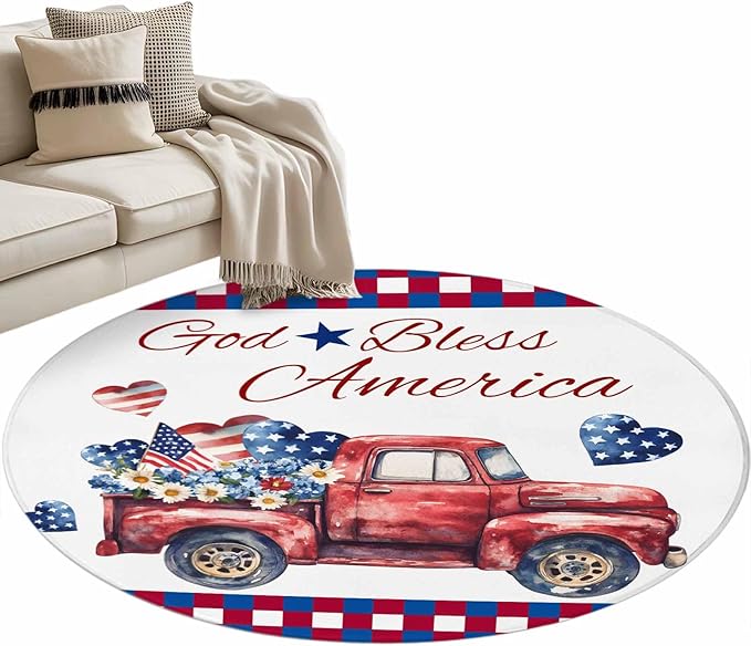 Red Truck USA Flag Stars Round Rug 3.3 Ft, God Bless America Samll Area Rugs Washable Non Slip Indoor Floor Mats Circle Carpet for Living Room Bedroom Dining Room Home