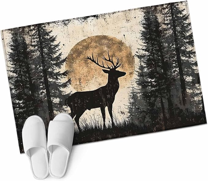 Deer Entryway Rug 2'x3', Elk Silhouette Small Area Rug Non-Slip Front Door Mat Washable Floor Carpet for Indoor Entrance Kitchen Bathroom