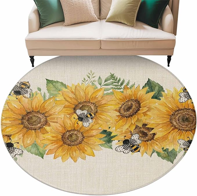 Watercolor Sunflower Cartoon Farmhouse Bee Linen Texture Large Round Rug 8Ft, Circle Area Rugs Washable Non Slip Indoor Floor Mats Carpet for Living Room Bedroom Dining Room Home Decor