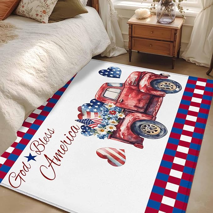 Red Truck USA Flag Stars 4'x6' Area Rugs, God Bless America Washable Area Rugs Non-Slip Indoor Floor Mats Carpet for Living Room Bedroom Dining Room