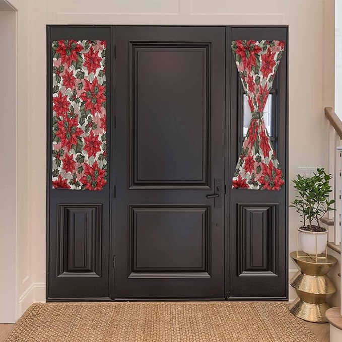 Christmas French Door Curtain Panel for Front Door, Vintage Xmas Poinsettia Floral Farmhouse Slidelight Door Curtains with Tieback Light Filtering Privacy Panels for Doorway Entryway 25"x 40"