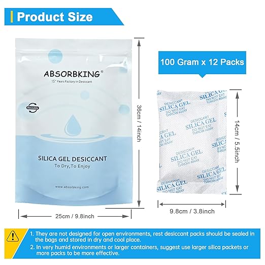 Absorbking Silica Gel Packets, 100 Gram 12 Packs Food Safe Moisture Absorbers, Desiccant Packs for Storage, Reusable Desiccant for Foods, Storage Bins, 3D Filaments, Electronics, Safes