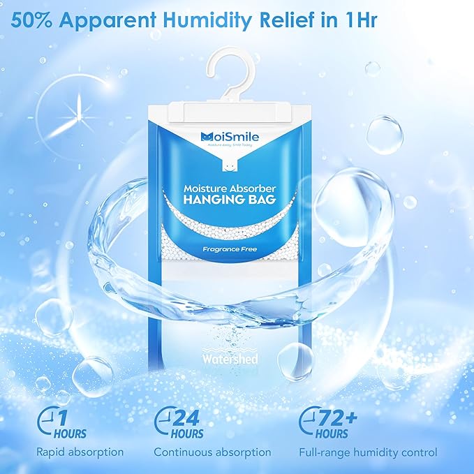 Moisture Absorbers 10 Pack 9.8 OZ, Fragrance Free Hanging Closet Dehumidifier Bags, Humidity Packs Odor Eliminator for Closet, Bathroom, Bedroom, Basement, Car