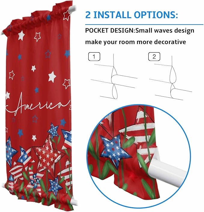 French Door Curtain Panel for Front Door, Red Blue Star American Flag Independence Day 4th of July Slidelight Door Curtains with Tieback Light Filtering Privacy Panels for Doorway Entryway 25"x 40"
