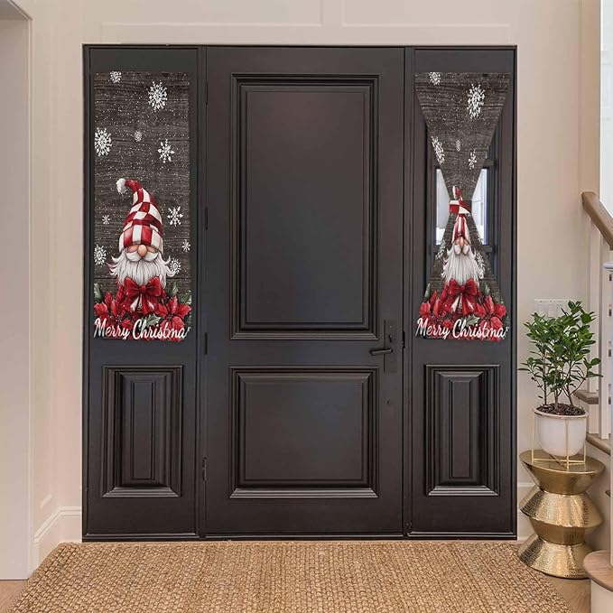 Christmas French Door Curtain Panel for Front Door, Dark Brown Wood Texture Merry Christmas Dwarf Poinsettia Slidelight Door Curtains with Tieback Light Filtering Privacy Panels for Entryway 25"x 40"