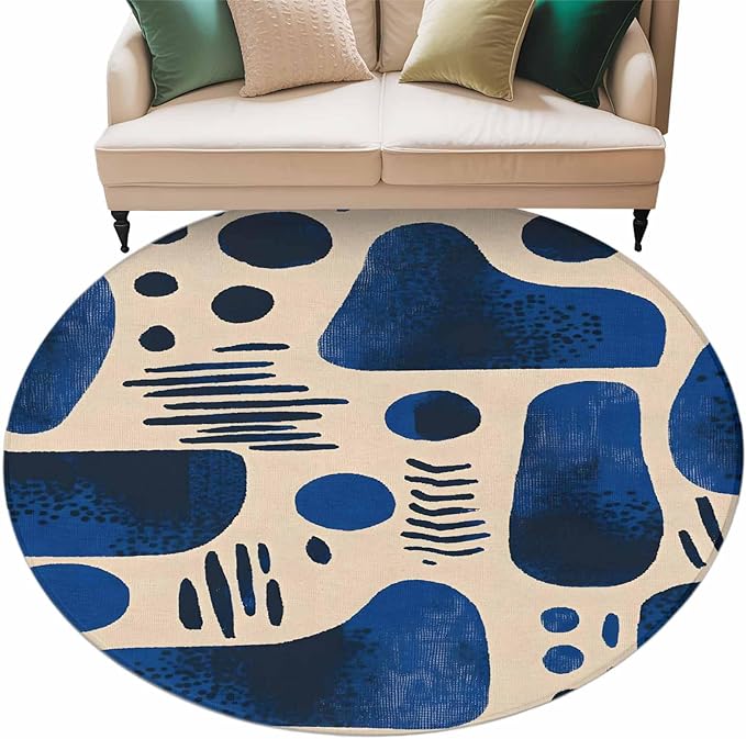 Modernism Round Rug 5 Ft, Blue Black Geometric Abstract Style Circle Area Rugs Washable Non Slip Indoor Floor Mats Carpet for Living Room Bedroom Dining Room Home Decor