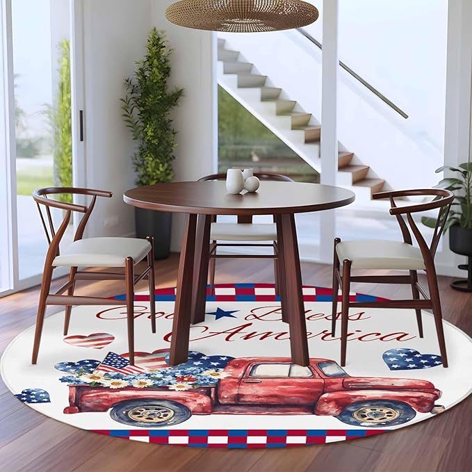 Red Truck USA Flag Stars Round Rug 5 Ft, God Bless America Circle Area Rugs Washable Non Slip Indoor Floor Mats Carpet for Living Room Bedroom Dining Room Home Decor