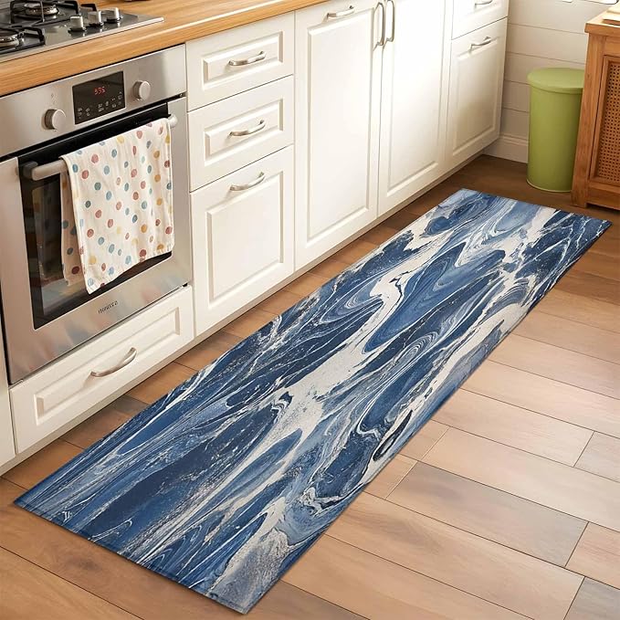Impressionist Style Runner Rug 2'x6', White Blue Blurred Wash Hallway Runner Rugs Washable Non-Slip Bedside Floor Mats Carpet for Kitchen Bedroom Laundry Room Bathroom