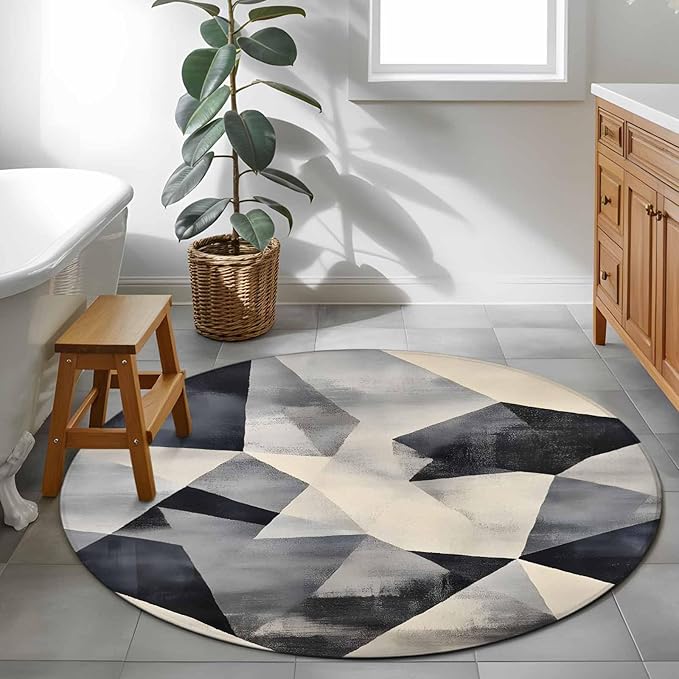 Color Block Round Rug 4 Ft, Modernism Blue Beige Line Abstract Art Circle Area Rugs Washable Non Slip Indoor Floor Mats Carpet for Living Room Bedroom Dining Room Home Decor