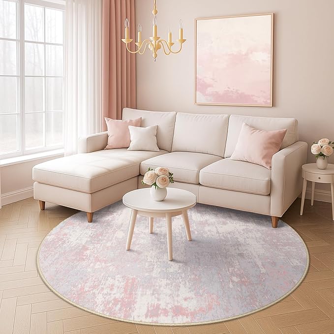 RELEANY Washable Area Rugs 6ft Non-Slip Modern Abstract Soft for Living Room Entryway Bedroom Nursery, Print Pattern, Grey Pink