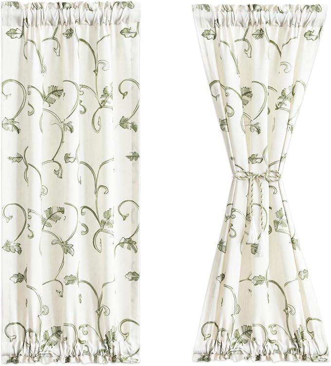VOGOL Beige Curtains for Door Windows, Green Vines Embroidery Small Short Window Curtain for Bathroom Basement Closet French Door, 25 x 40 Inches, 1 Panel