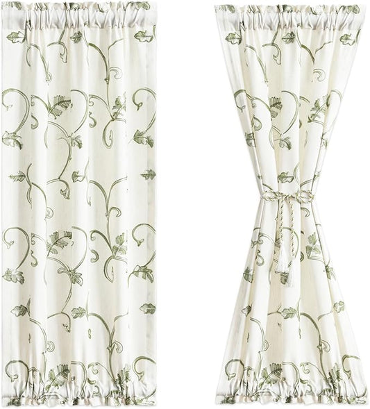 VOGOL Beige Curtains for Door Windows, Green Vines Embroidery Small Short Window Curtain for Bathroom Basement Closet French Door, 25 x 40 Inches, 1 Panel