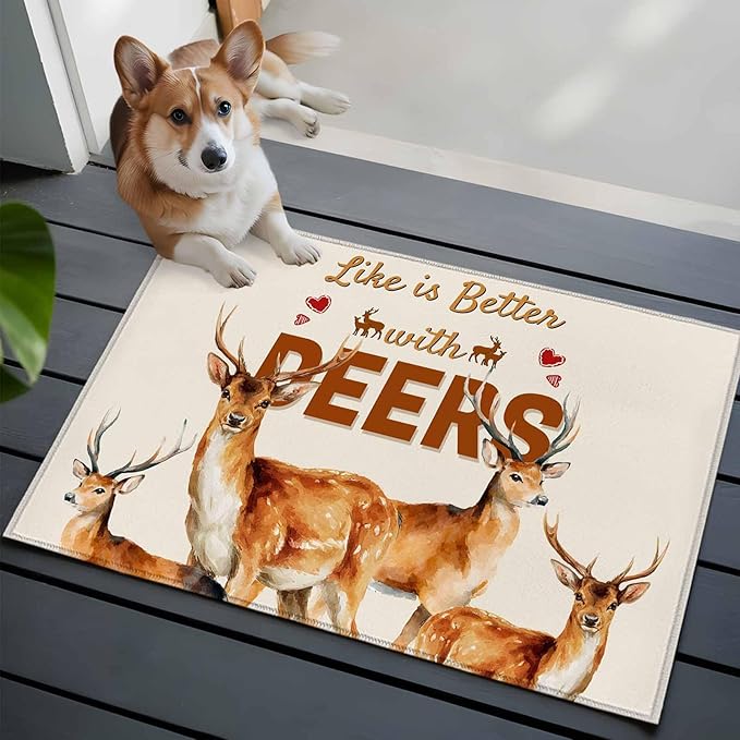 Beige Deer Entryway Rug 2'x3', Wildlife Animals Rustic Farmhouse Elk Rustic Farmhouse Small Area Rug Non-Slip Front Door Mat Washable Floor Carpet for Indoor Entrance Kitchen Bathroom