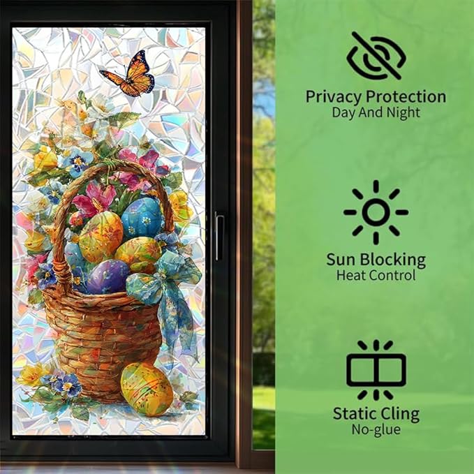 Window Film Mat 39.4 x 17.3 Inch PVC Decorative Easter Basket Window Film Floral Egg Pattern Glass Covering for Home Office Kitchen Bathroom Seasonal Privacy Light Filtering Design
