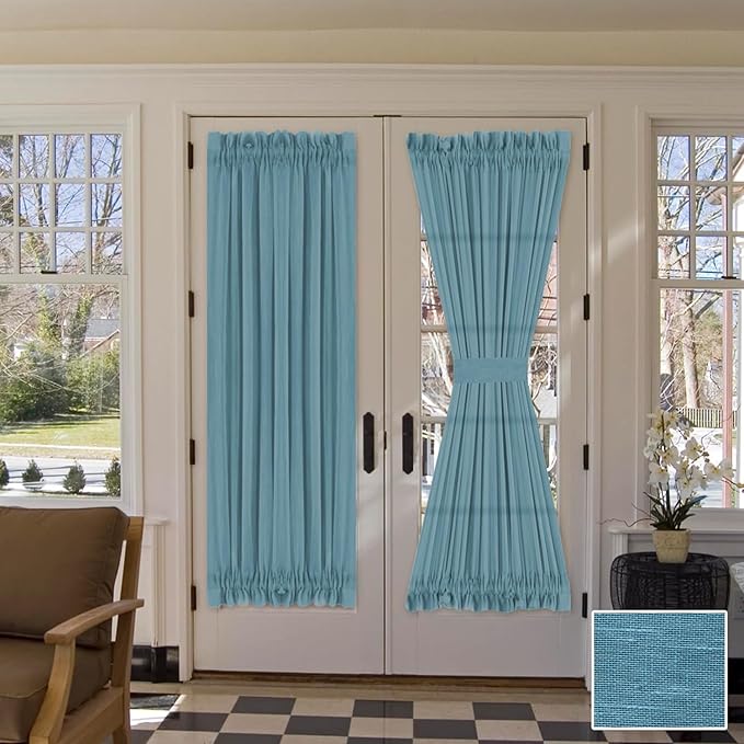 H.VERSAILTEX Linen French Door Curtains Set of 2 for Front Door, Light Filtering Privacy Semi Sheer Window Curtains with Rod Pocket and Tie Back, Turquoise, 52W X 72L Inch