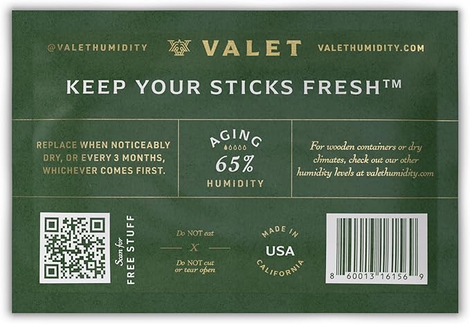 Valet 65% Two-Way Humidity Pack Single (60g), Individually Wrapped Humidity Control Pack for Long-Term Aging & Storage, Moisture Absorber for Wood & Airtight Containers, Made in USA