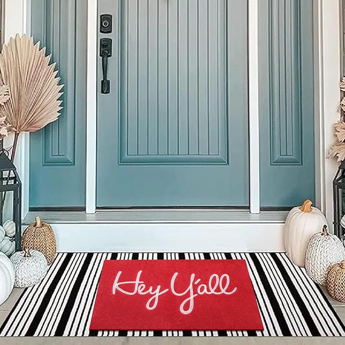 Welcome Mats Outdoor Front Door Doormats Inside Outside Heavy Duty Backing Hey Y'all Mat Entryway Mats Ideal for Home Decor, Low-Profile Resist Dirt Entrance Mat for Shoe Scraper Red 28" x 18"