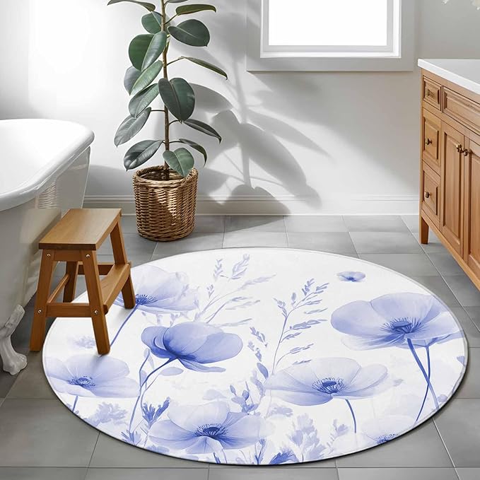 Flower Small Round Rug 3 Ft, Blue Area Rugs Washable Non Slip Indoor Floor Mats Circle Carpet for Living Room Bedroom Dining Room Home Decor