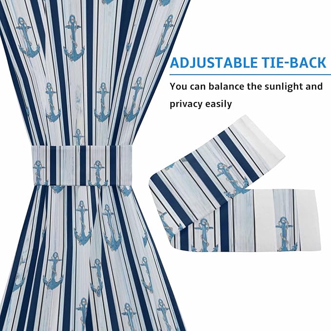 French Door Curtain Panel for Front Door, Blue Anchor Striped Slidelight Door Curtains with Tieback Light Filtering Privacy Panels for Doorway Entryway 25"x 40"