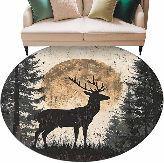 Deer Round Rug 5 Ft, Elk Silhouette Circle Area Rugs Washable Non Slip Indoor Floor Mats Carpet for Living Room Bedroom Dining Room Home Decor