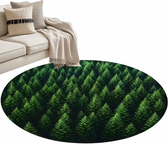Green Forest Round Rug 4 Ft, Pine Trees Forest Landscape Style Summer Circle Area Rugs Washable Non Slip Indoor Floor Mats Carpet for Living Room Bedroom Dining Room Home Decor