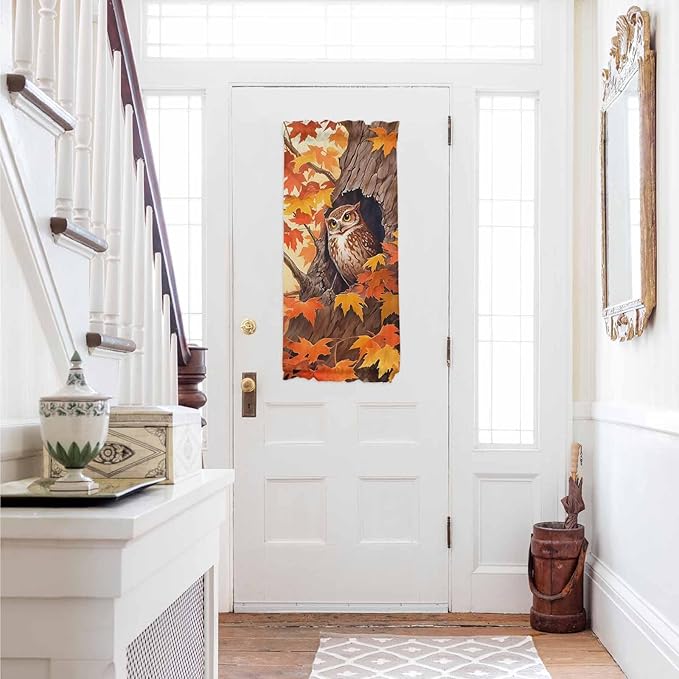 French Door Curtain Panel for Front Door, Cartoon Owl Maple Tree Hole Fall Slidelight Door Curtains with Tieback Light Filtering Privacy Panels for Doorway Entryway 25"x 40"