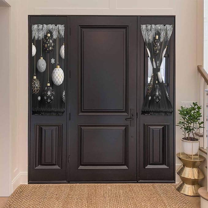 Christmas French Door Curtain Panel for Front Door, Black White Christmas Ornaments Pine Needle Slidelight Door Curtains with Tieback Light Filtering Privacy Panels for Doorway Entryway 25"x 40"