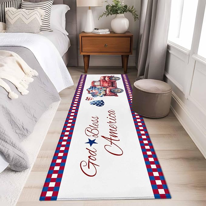Red Truck USA Flag Stars Runner Rug 2'x6', God Bless America Hallway Runner Rugs Washable Non-Slip Bedside Floor Mats Carpet for Kitchen Bedroom Laundry Room Bathroom