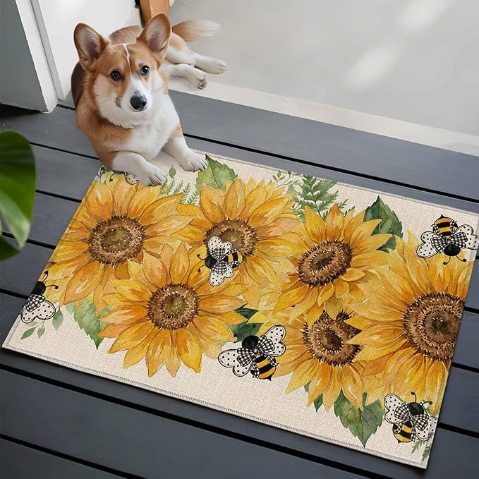 Watercolor Sunflower Cartoon Farmhouse Bee Linen Texture Entryway Rug 2'x3', Small Area Rug Non-Slip Front Door Mat Washable Floor Carpet for Indoor Entrance Kitchen Bathroom