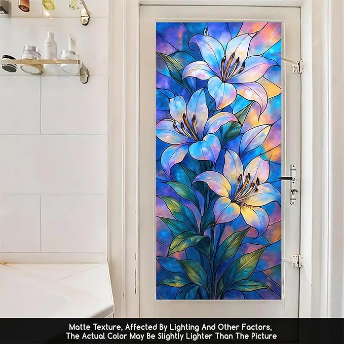 Blue Purple Lily Privacy Film Stained Glass Style Static Cling No Glue Decorative Panel Light Filtering Cover for Door Window Studio 17.7x39.3 inch
