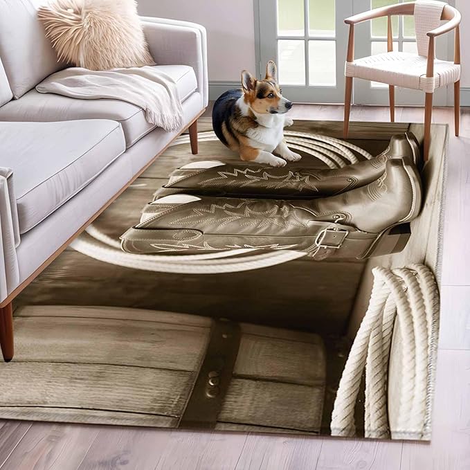 Western Cowboy 4'x6' Area Rugs, Vintage Countryside Cowboy Boots Ropes Washable Area Rugs Non-Slip Indoor Floor Mats Carpet for Living Room Bedroom Dining Room