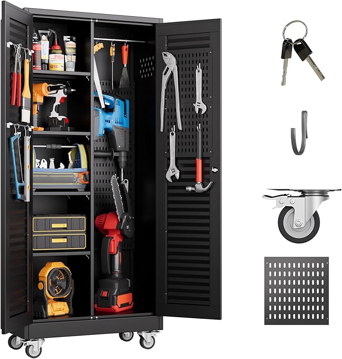 Reemoon Mop and Broom Closet Storage Cabinet with Wheels and Pegboard,Metal Garage Storage Cabinet with Doors and Adjustable Shelves for Garage Home,Required Assembly,Black