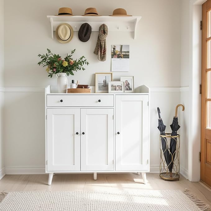 DIYART White Large Shoe Cabinet fit up to Shoe Size 16, Shoe Storage Cabinet with 3 Doors and 1 Drawer, Wooden Shoe Organizer for entryway