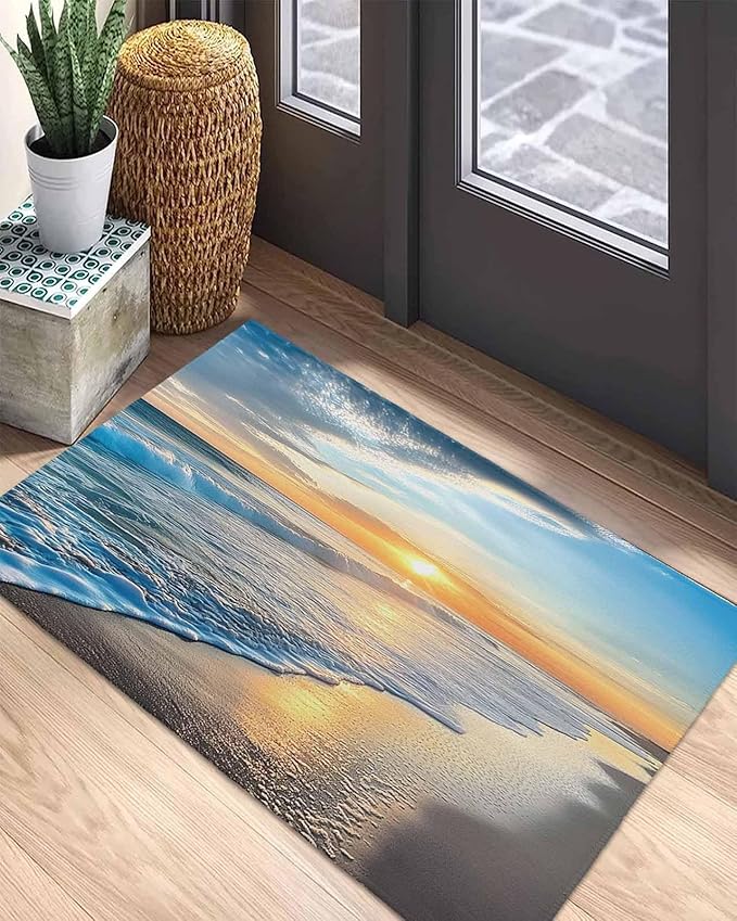 Front Door Mat Outdoor, Sunset Beach Absorbent Non Slip Indoor Entry Rug, Spray Ocean Waves Sky Nature Scenery Low-Profile Doormat Washable Rugs for Bathroom, Kitchen, 24x32in