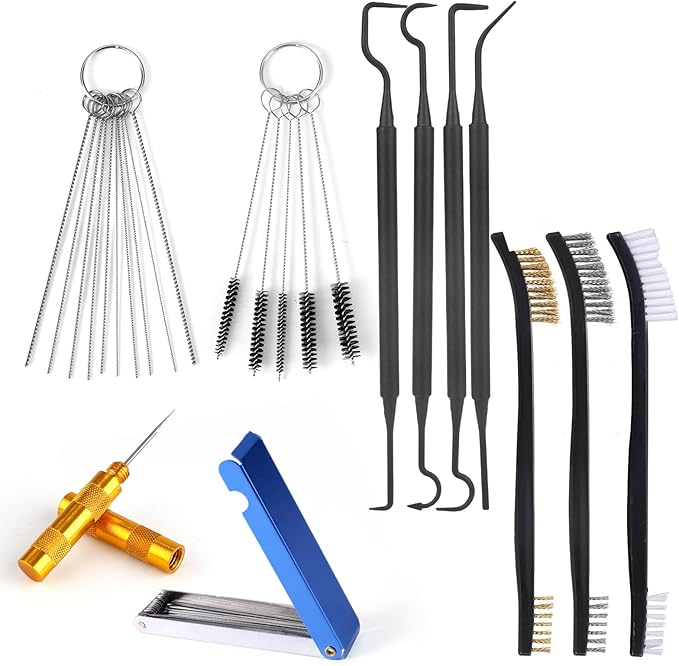 Carburetor Cleaning Kit Tool, Includes 13 Needles 4 Cleaning Hooks 3 Dual-Head Nylon Brushes10 Single-Headed Needles 1 Pointed Hook Scraper for ATV Welder Motorcycle Carb Spray Jet Torch Tips