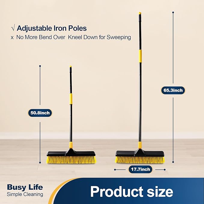 Yocada Push Broom Brush 18"+24" Set 5.3" Long Handle Stiff Bristles Heavy-Duty Outdoor Commercial for Cleaning Bathroom Kitchen Patio Garage Deck Concrete Wood Stone Tile Floor